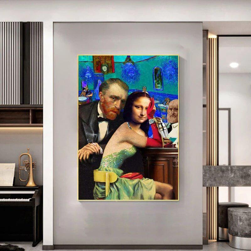 Funny Famous Mona Lisa and Van Gogh Figure Canvas Painting Posters | Wall Art for Living Room Decor | Rebel Aesthetics